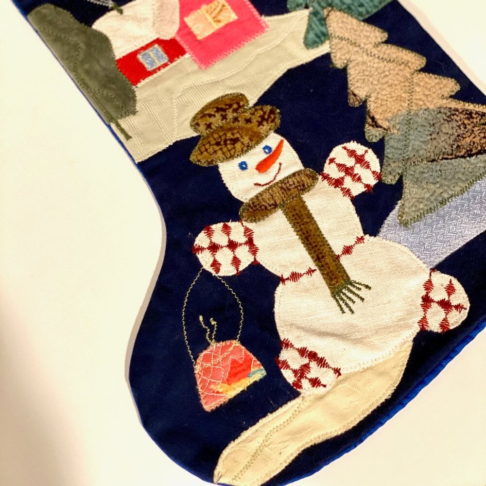 Vintage Handmade Christmas Stocking with Snowman Scene, Upcycled Fabric